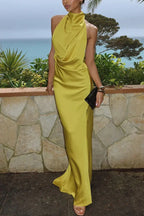 Elegant and Refined Satin Halter Draped Neck Backless Maxi Dress