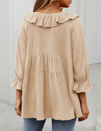 Women’s Scoop Neck 3/4 Length Sleeve Tie Front Ruffle Tiered Tunic Shirts