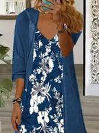 Women's Long Sleeve V-neck Graphic Printed Two Pieces Maxi Dress