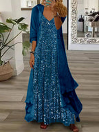 Women's Long Sleeve V-neck Graphic Printed Two Pieces Maxi Dress