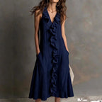 🌿 Ruffle V-Neck Sleeveless Midi Dress