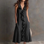 🌿 Ruffle V-Neck Sleeveless Midi Dress
