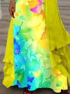 Women's Long Sleeve V-neck Colorblock Graphic Printed Two Pieces Maxi Dress
