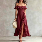 Women's Summer Cotton Off Shoulder Ruffled Ruched Flowy Maxi Dress