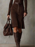 Brown Vintage Zipper Belted Midi Dress